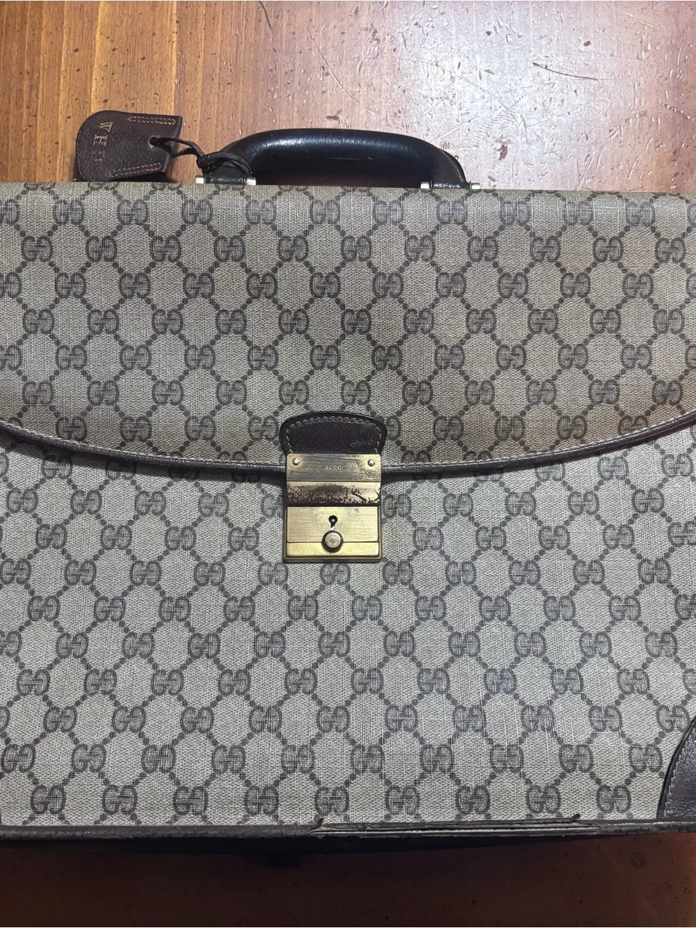 Vintage 1960s Gucci Brown Monogram Briefcase with Brown Leather Trim & Lock Key